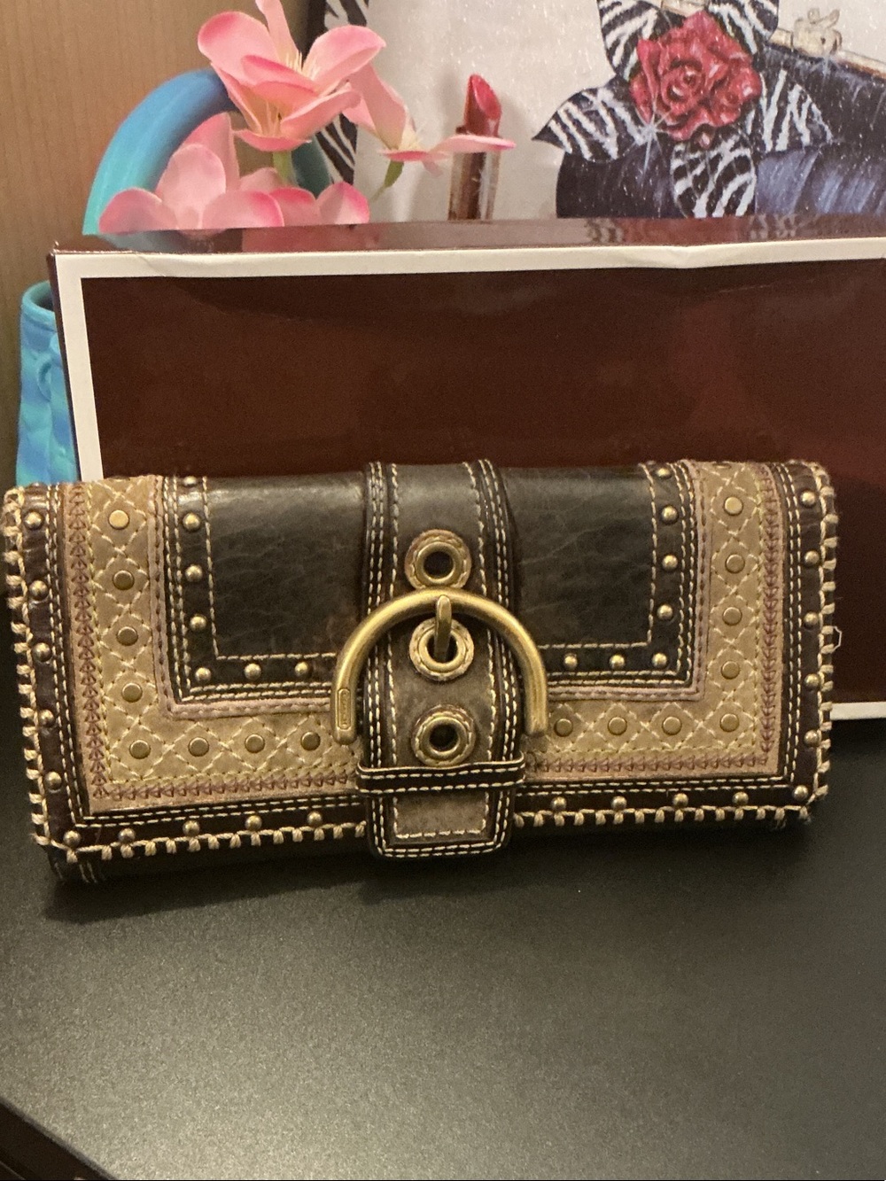 Coach vintage SoHo Studded Brown  Leather Wallet with Brass Buckle